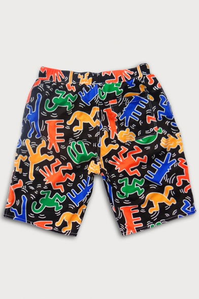 Black Drawstring Cartoon Monkey Pattern Bathing Suits Trunks with Liner