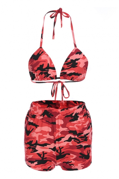 Camouflage Printed Halter Sleeveless Bralet Top with Elastic Waist Hot Pants Shorts Co-ords