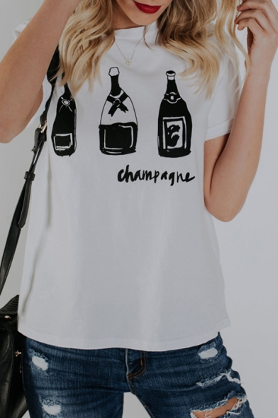 

CHAMPAGNE Letter Bottle Printed Round Neck Short Sleeve Tee