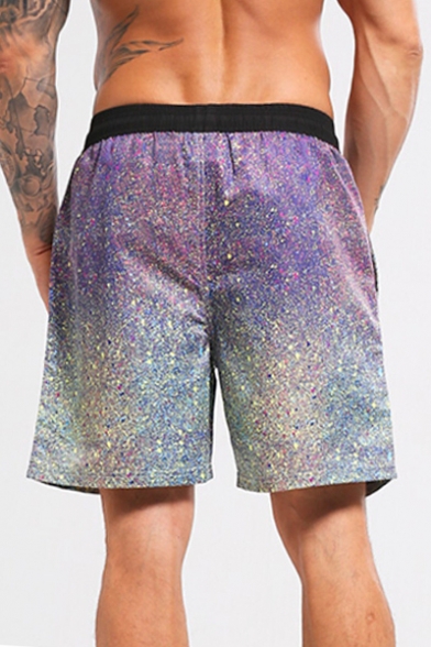 Colorful Elastic Heathered Purple Ombre Print Drawcord Swim Shorts for Male