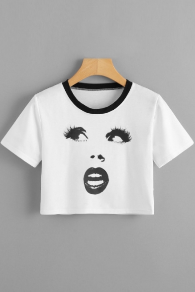 Contrast Round Neck Woman's Face Printed Round Neck Short Sleeve Crop Tee