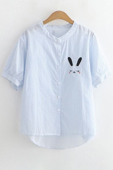 Cute Rabbit Embroidered Stand Collar Short Sleeve Shirt