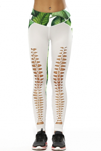 

Fashionable Leaf Printed Color Block Hollow Out Skinny Leggings, LC473069