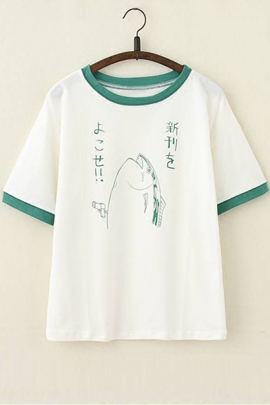 Fish Japanese Printed Round Neck Contrast Trim Short Sleeve Tee