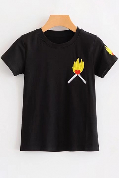 Flame Embroidered Round Neck Short Sleeve Tee
