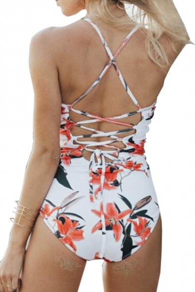 Floral Printed Lace Up Back One Piece Swimwear