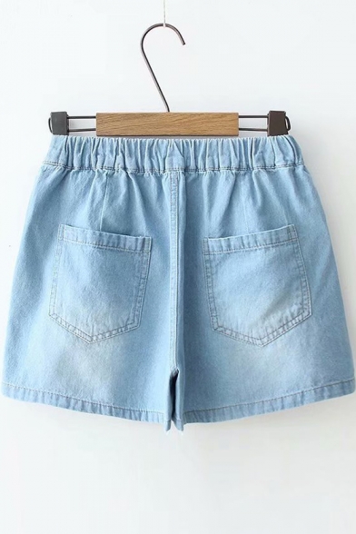 Foxes Embroidered Elasticated Waist Denim Shorts with Double Pockets