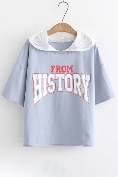 FROM HISTORY Letter Printed Patchwork Hood Short Sleeve Hooded Tee