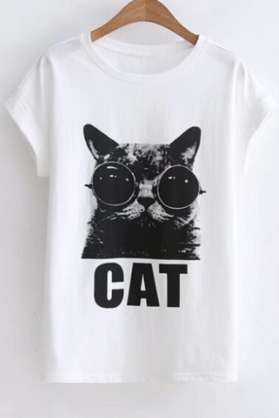 Glasses Cat Letter Printed Round Neck Short Sleeve Tee