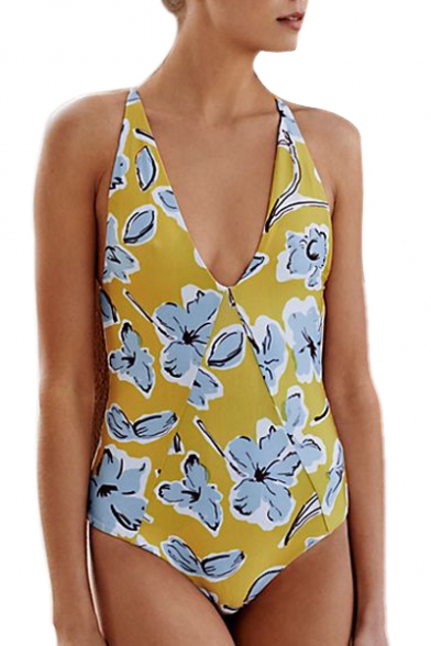 Holiday V Neck Floral Printed Sleeveless Open Back Hollow Out One Piece Swimwear