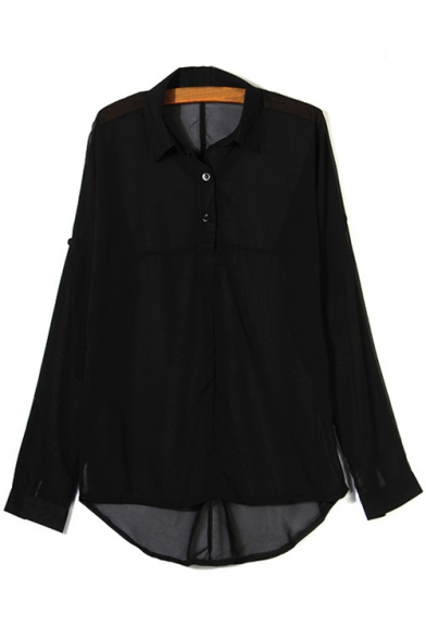 Lapel Collar Long Sleeve Buttons Embellished Loose Chiffon Blouse