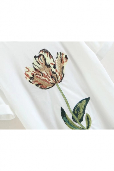 New Arrival Floral Embroidered Round Neck Short Sleeve Tee