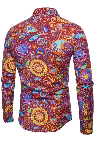 New Trendy Floral Printed Lapel Collar Long Sleeve Buttons Down Shirt