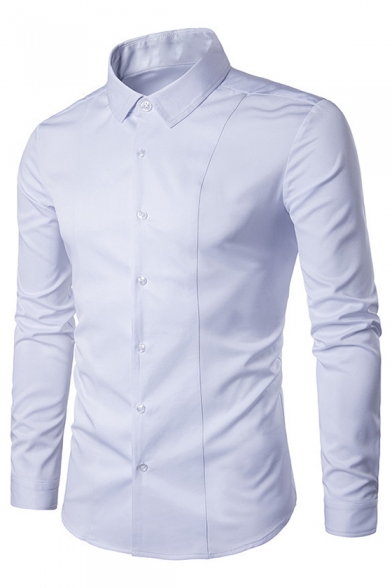 Plain Lapel Collar Long Sleeve Buttons Down Slim Casual Shirt