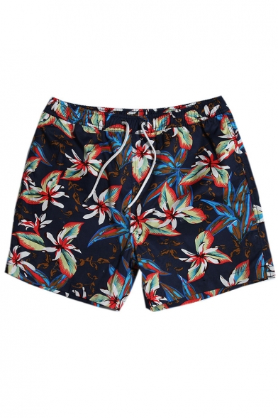 Popular Fast Drying Bright Blue Floral Tropical Print Swim Trunks with Mesh Liner