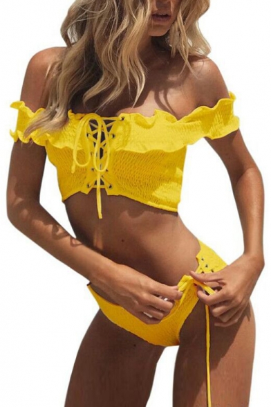 Sexy Pleated Off The Shoulder Short Sleeve Lace Up Detail Bikini