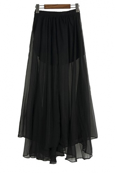 Sheer Chiffon Patched Elastic Waist Maxi Asymmetric Hem Skirt