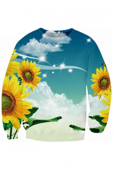Sunflower Sky Pattern Round Neck Long Sleeve Unisex Pullover Sweatshirt