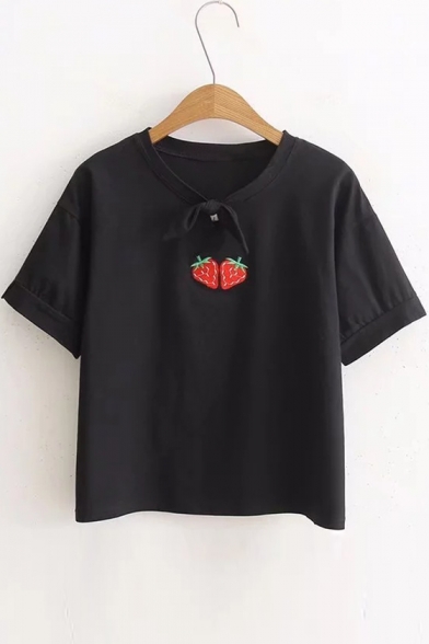 Tied Front Strawberry Embroidered Round Neck Short Sleeve Tee