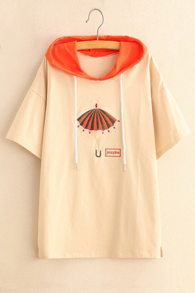 Umbrella Letter Embroidered Color Block Hood Short Sleeve Hooded Tee