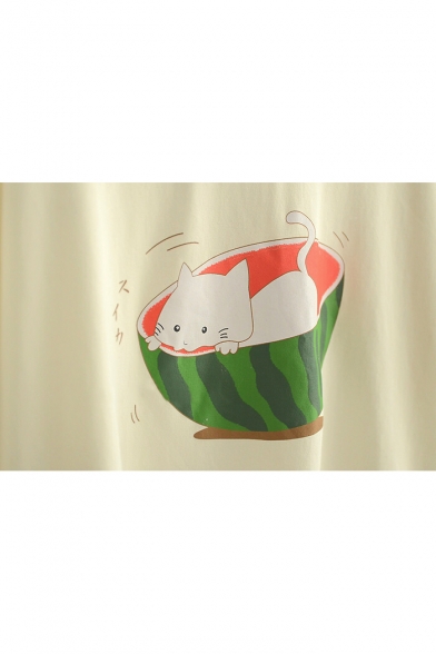 Watermelon Cat Printed Dip Hem Short Sleeve Round Neck Tee