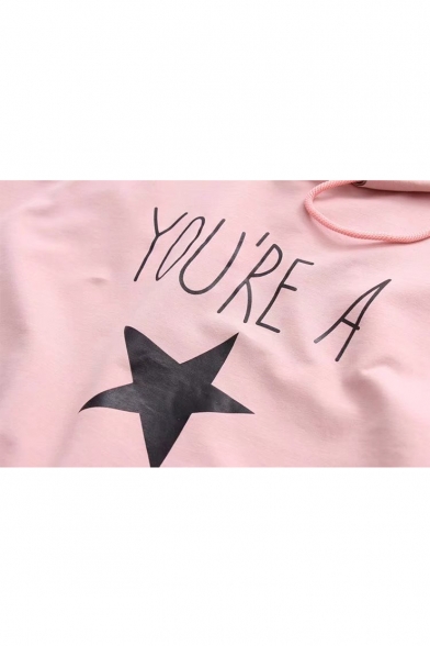 YOU'RE A Letter Star Printed Color Block Striped Half Sleeve Hooded Tee