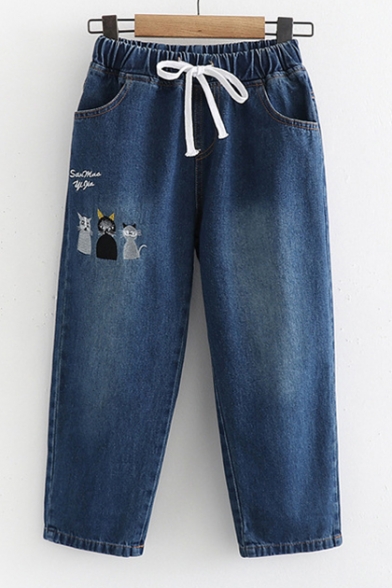 Cat Embroidered Drawstring Waist Loose Jeans