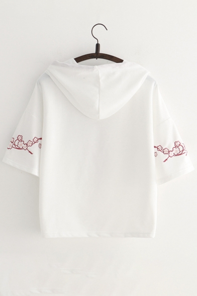 Cat Floral Embroidered Short Sleeve Hooded Tee