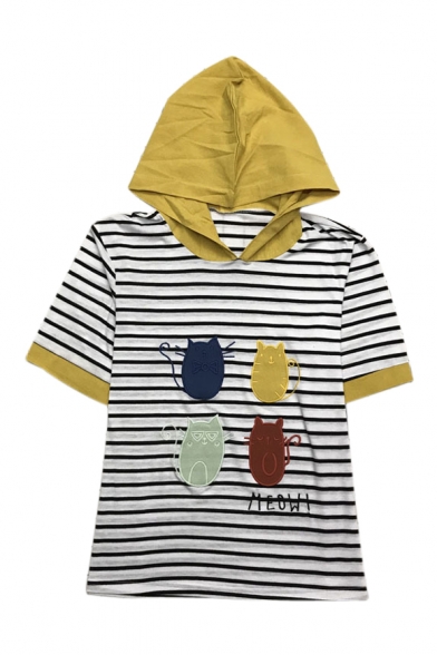 Cat MEOW Embroidered Short Sleeve Color Block Striped Hooded Tee