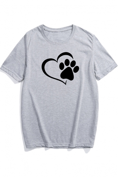 Cat's Paw Heart Printed Round Neck Short Sleeve Tee