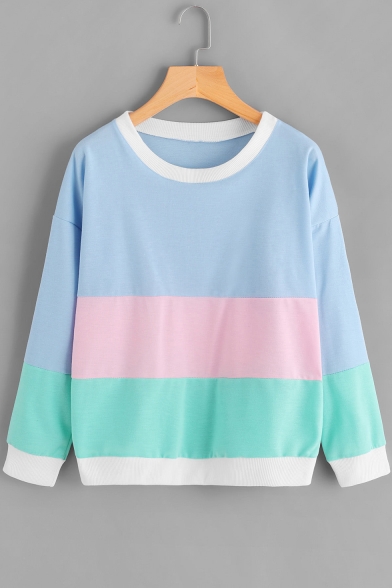 Chic Color Block Round Neck Long Sleeve Sweatshirt