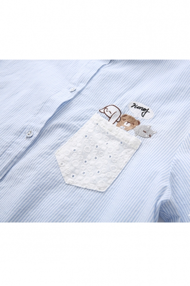 Dog and Bears Embroidered Single Pocket Front Lapel Stripes Panel Short Sleeve Shirt