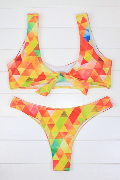 Geometric Printed Sleeveless Tied Front Bikini