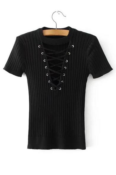 Hollow Out Lace Up Front Round Neck Short Sleeve Ribbed Knit Tee