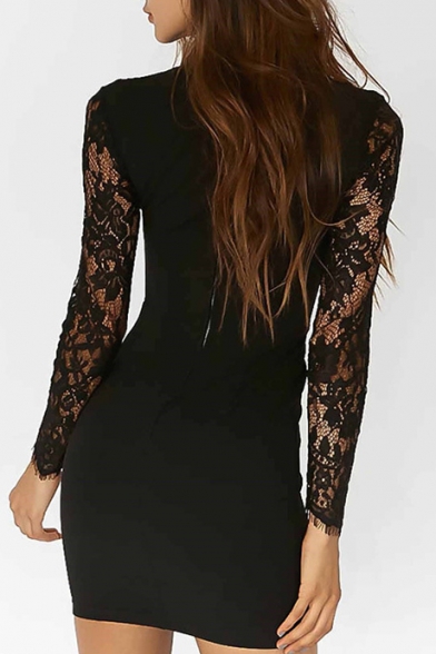Lace Insert High Neck Hollow Out Long Sleeve Mini Bodycon Dress