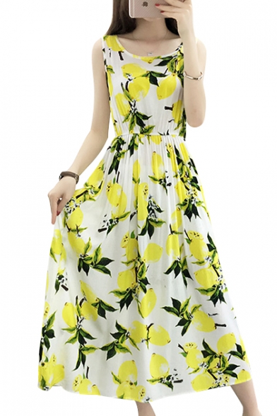 Lemon Printed Round Neck Sleeveless Maxi A-Line Dress