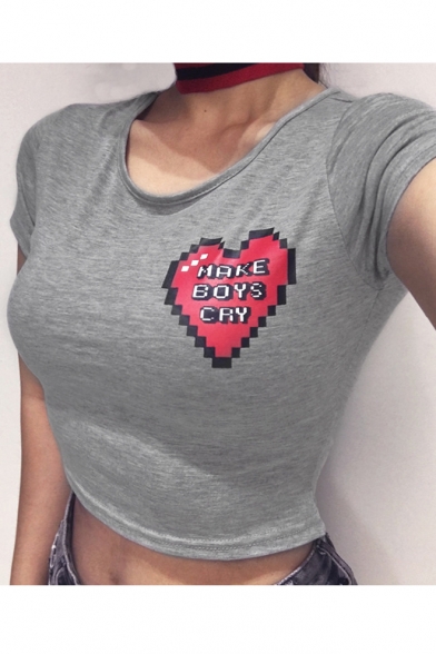 MAKE BOYS CRY Letter Heart Printed Round Neck Short Sleeve Crop Tee