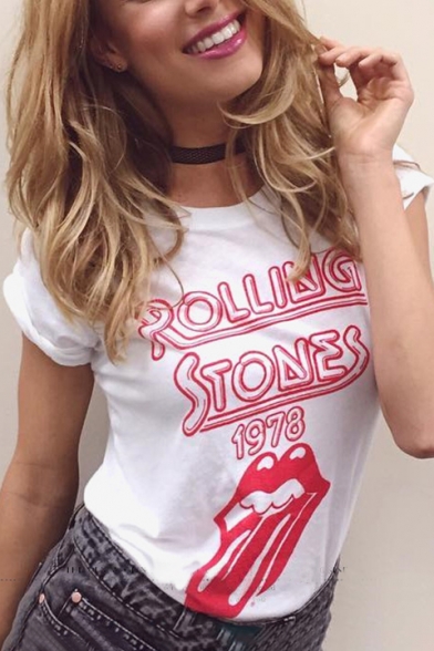 Mouth ROLLING 1978 Letter Print Round Neck Short Sleeves Leisure T-shirt