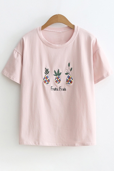 Pineapple Letter Embroidered Round Neck Short Sleeve Tee