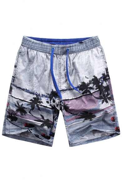 Trendy Big and Tall Elastic Fast Drying Gray Male Palm Tree Plant Swim Trunks with Hook and Loop Pockets