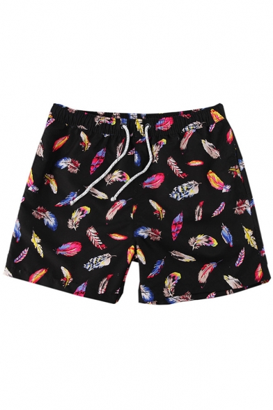 Unique Men's Navy Blue Drawcord Feather Printed Swim Shorts with Hook and Loop Pockets