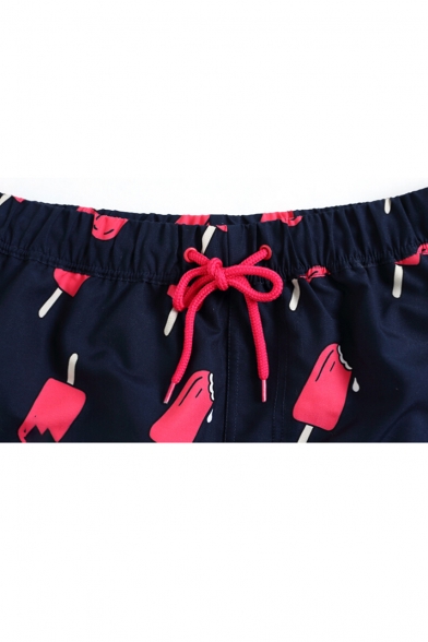 Unique Mens Navy Blue Popsicle Pattern Swim Trunks with Mesh Lined Side Pockets