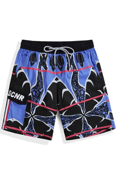Black and Blue Male Elastic Drawcord Giraffe Print Colorblocked Swim Shorts Beachwear without Mesh Liner