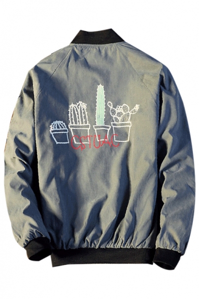 Cactus Badge Printed Stand Up Collar Long Sleeve Zip Up Baseball Jacket