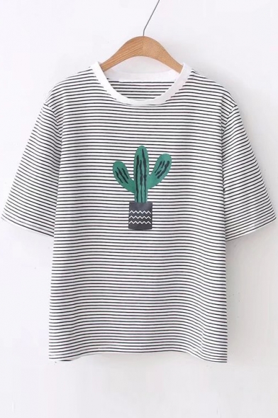 Cactus Printed Stripes Round Neck Short Sleeve Tee