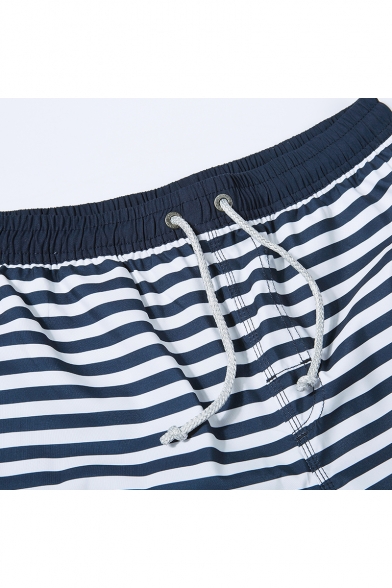 Classic Quick Drying Drawstring Blue and Yellow Striped Pattern Swim Trunks for Male with Pockets