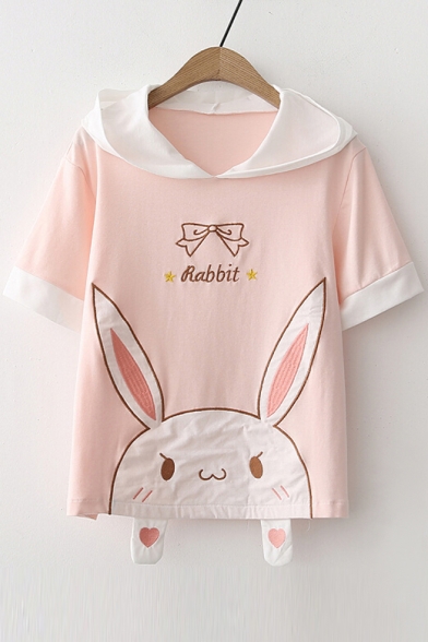 Color Block Rabbit Letter Embroidered Short Sleeve Hooded Tee