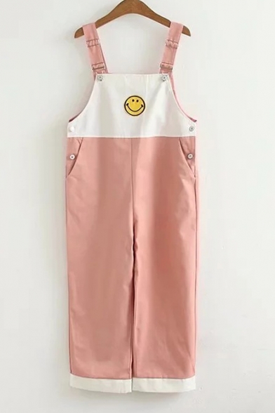 Color Block Smile Face Embroidered Applique Sleeveless Overall Jumpsuit