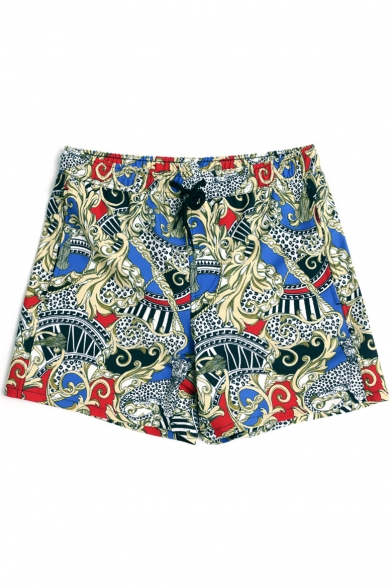 Colorful Drawcord Fast Drying Retro Pattern Swim Trunks with Mesh Brief Lining and Pockets
