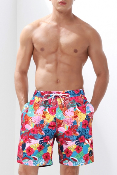 Colorful Mens Red Floral Pattern Swim Shorts with Pockets without Mesh Brief